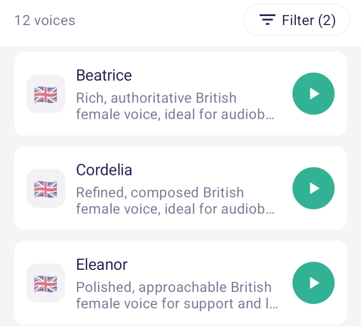 The voice library filtered to British female voices: Beatrice, Cordelia and Eleanor, each with a play button.
