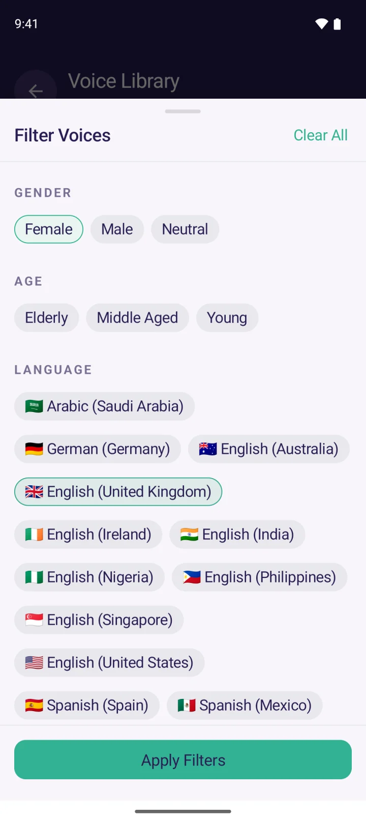 The MyVoice voice filters, with Female and English (United Kingdom) selected