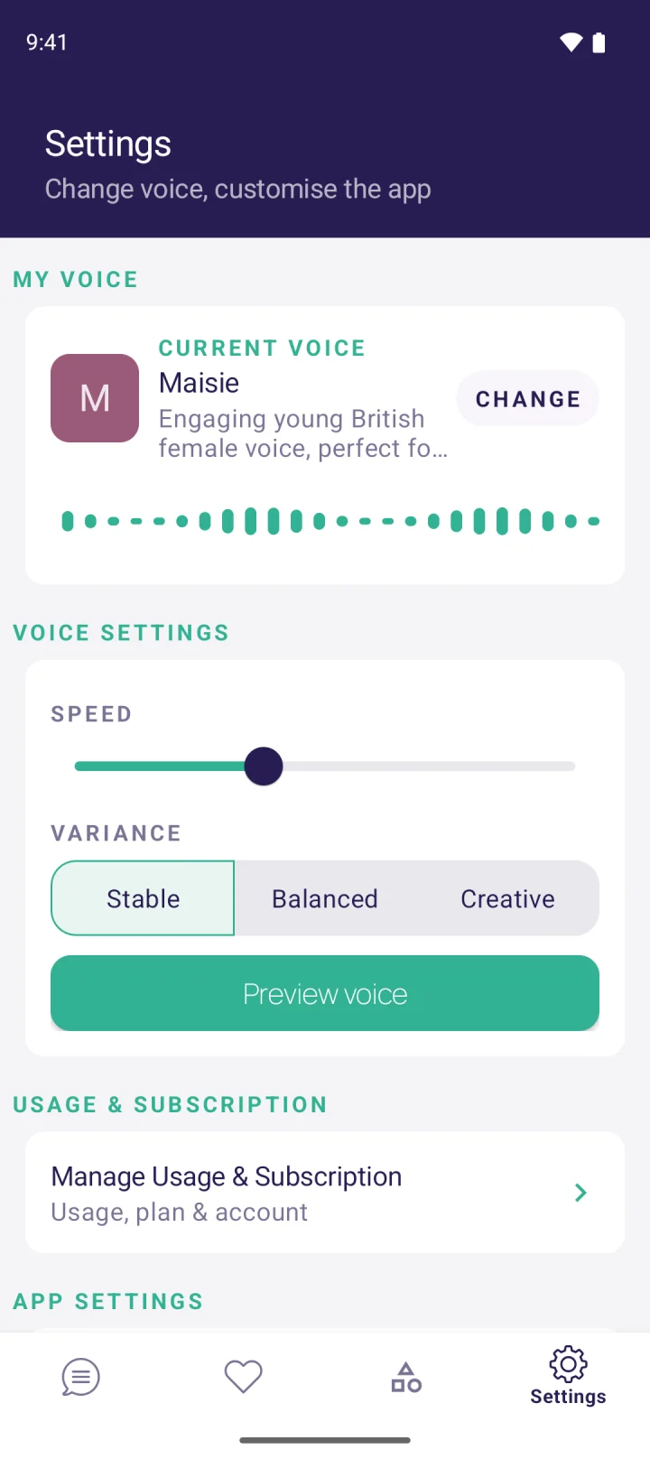 MyVoice settings with a speed slider and Stable, Balanced and Creative variance options