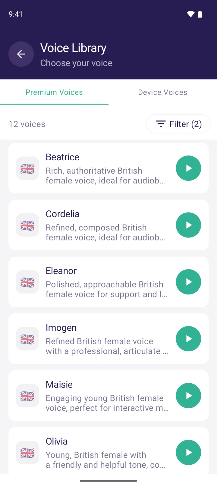 The MyVoice voice library, filtered to British female voices, each with a play button